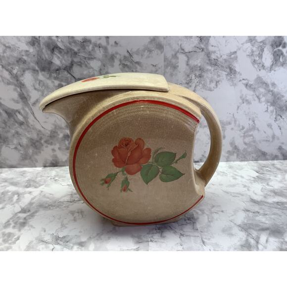Vintage Ceramic Disc Pitcher - with Lid - Tan with Red Rose Detailing - Picture 1 of 8